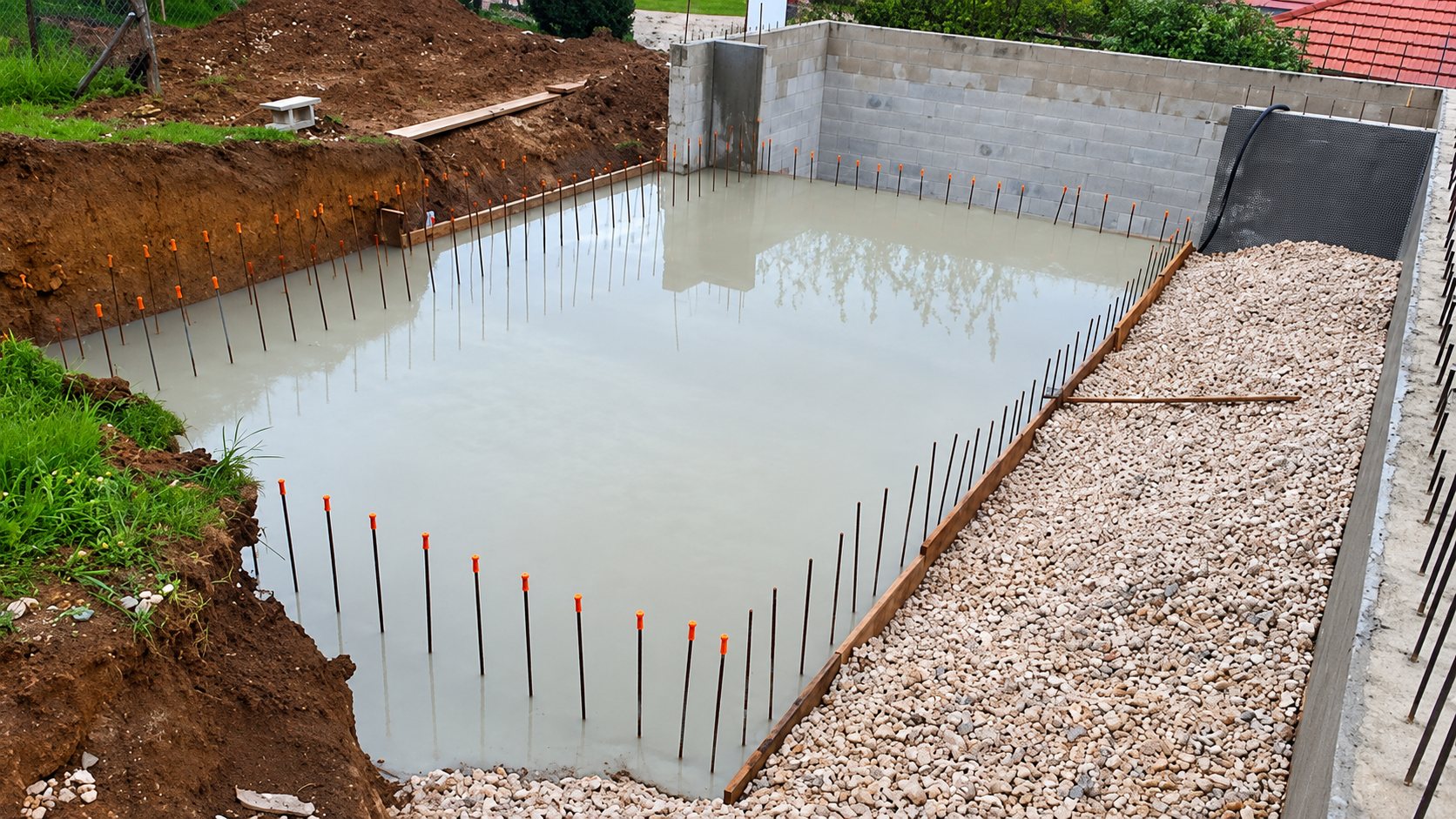 Chantier d'une piscine enterrée dont le fond vient d'être coulé en béton, entouré de terre, de graviers et d'un mur en parpaings.