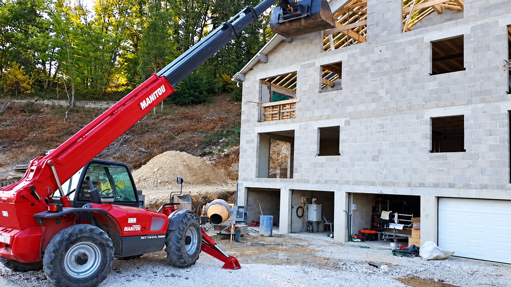 Un chariot télescopique Manitou rouge, bras levé, est stationné devant un bâtiment en parpaings en cours de construction, avec charpente apparente et garage.
